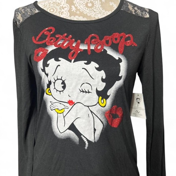 Betty Boop Lace Shoulder Graphic Tee NWT Jerry Leigh Juniors Large Retro Y2K - Picture 2 of 8